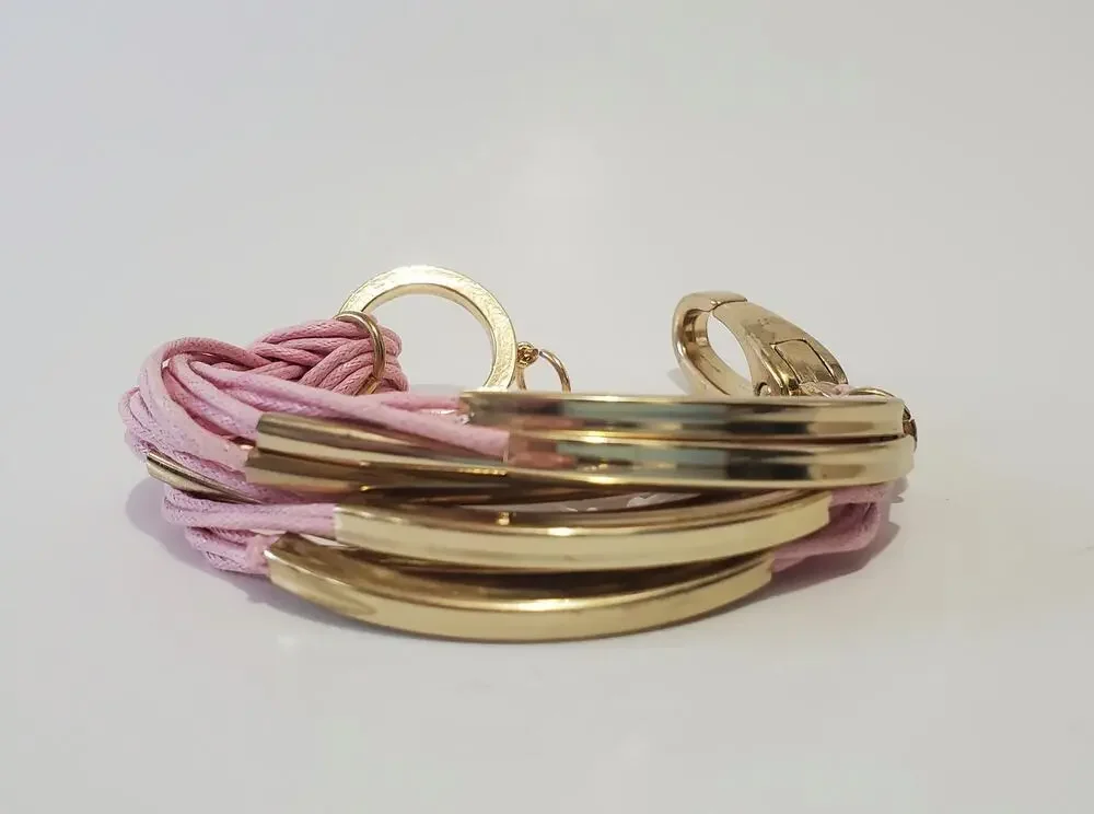 W la_mode Pink Corded Gold Tone Boho Style Bracelet